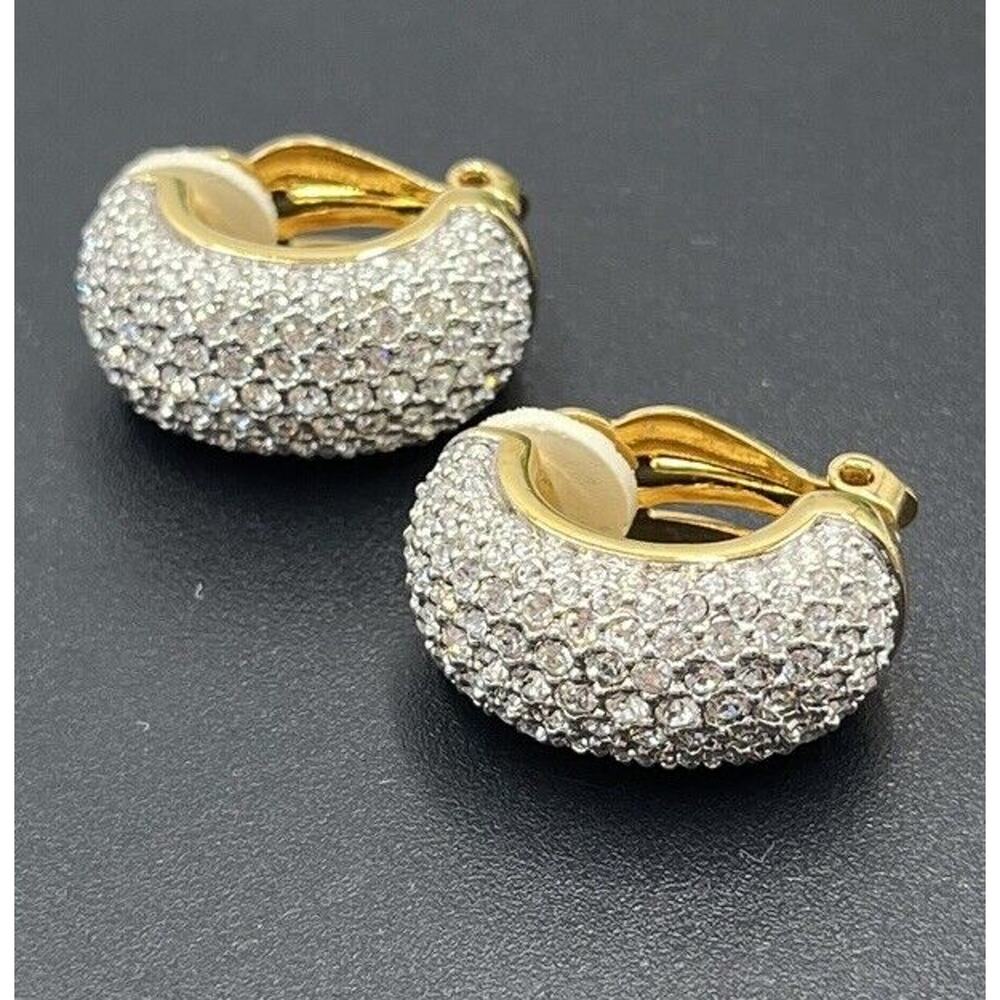 Swarovski Vintage Swan Signed Pave Crystal Rhinestone Clip Ons‎ Hoop Earrings - Picture 2 of 16